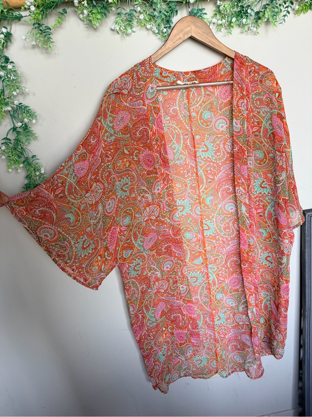 Altar'd State Orange Pink Aqua Paisley Sheer Kimono